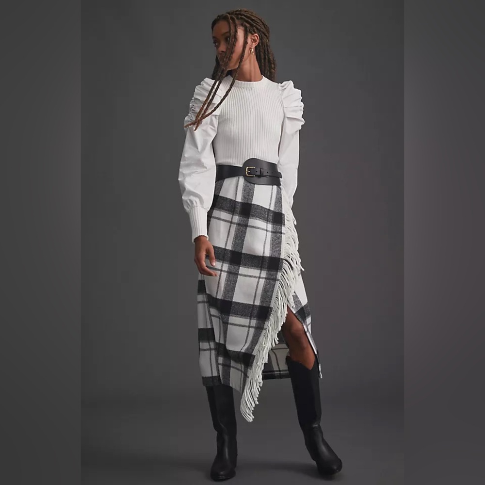 NWT mare mare x anthropologie plaid fringed midi skirt